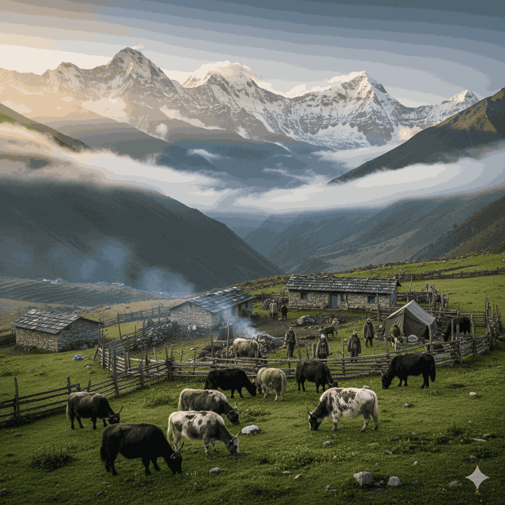 Nomadic yak herding culture Nepal showing herders living in kharkas during seasonal migration in the Himalayas