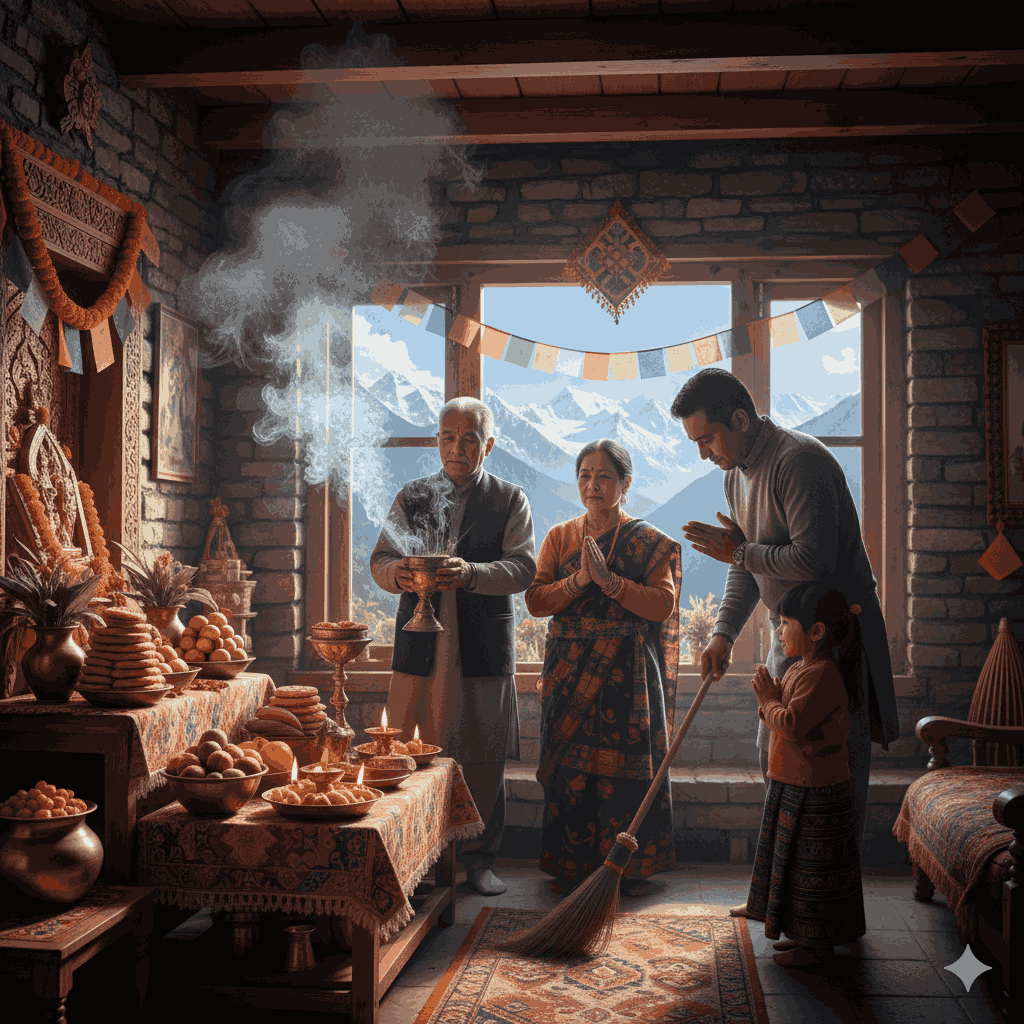 Sonam Losar Festival ,Rituals of purification and renewal with family prayers and incense in Nepal.