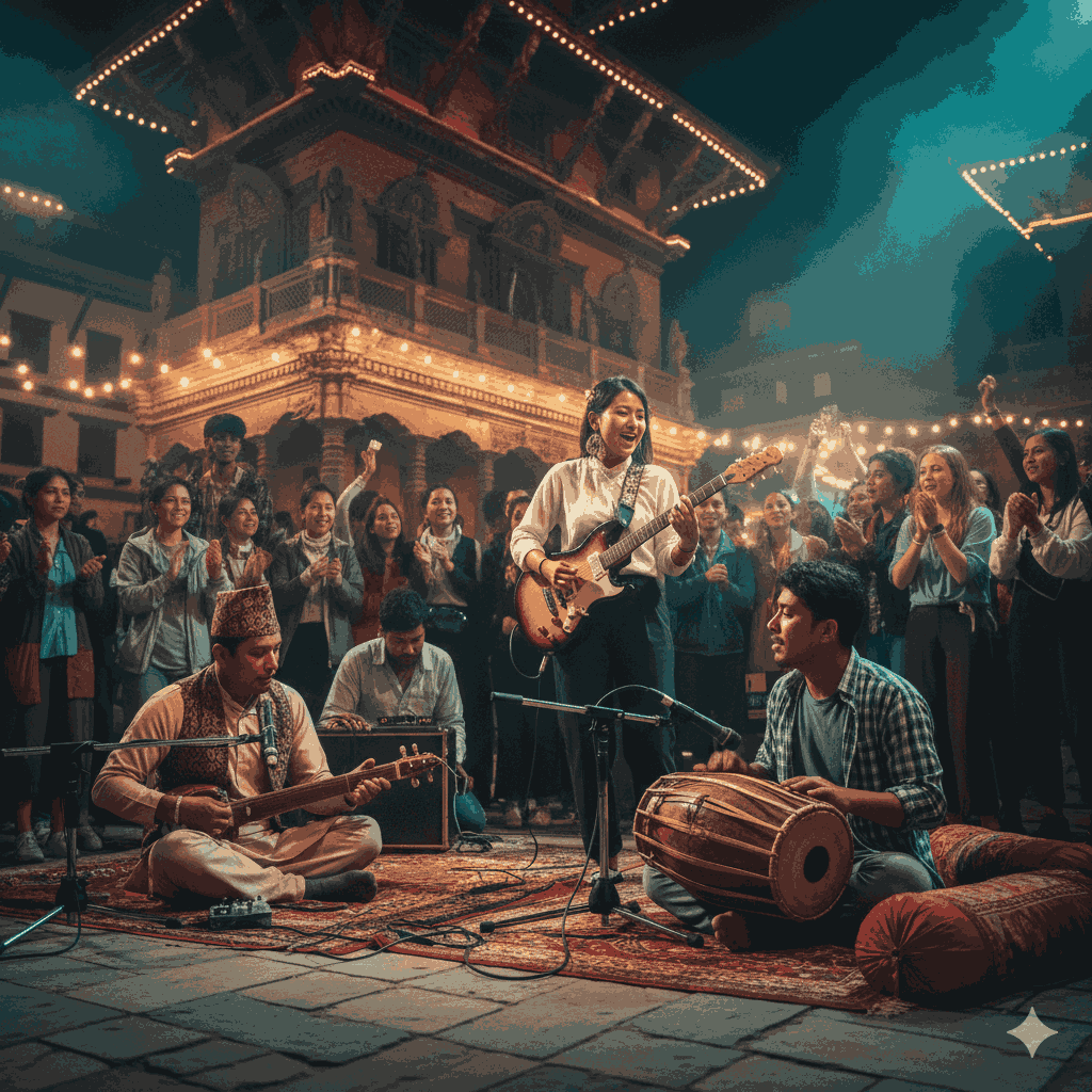 Kathmandu jazz festival featuring Nepal travel inspiration through the fusion of traditional Nepali music and contemporary jazz, showcasing cultural vibrancy