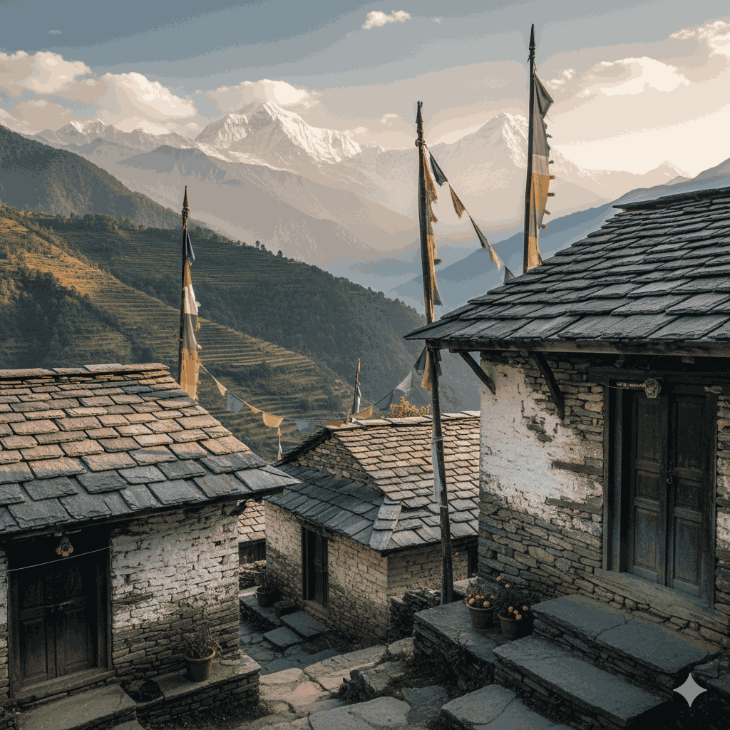 Traditional Gurung stone houses with slate roofs and prayer flags in the Annapurna region