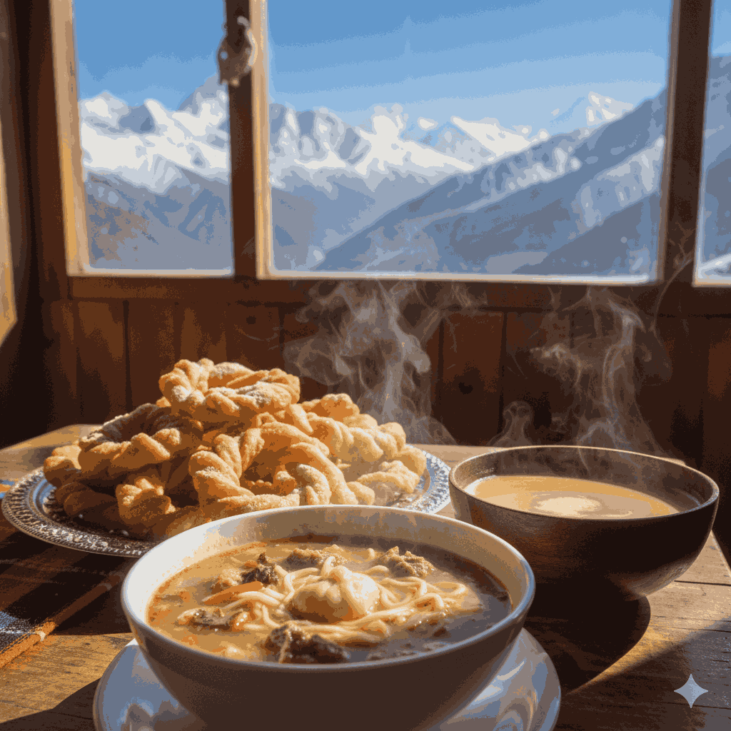 Weather in Nepal During Losar Festival, Traditional Himalayan foods served in winter setting.
