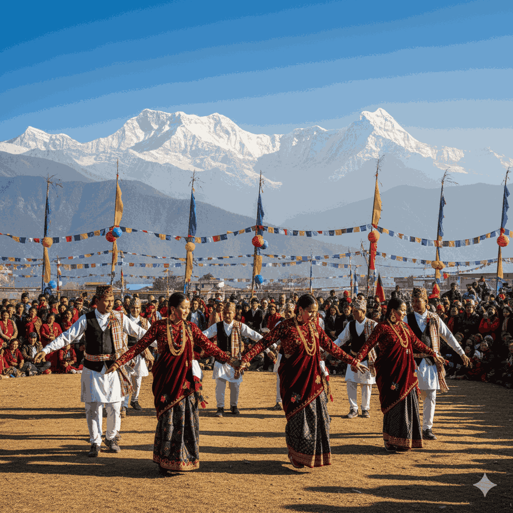 Tamu Losar Celebration in Nepal, Gurung community celebrating with traditional dance and colorful attire against Himalayan scenery.