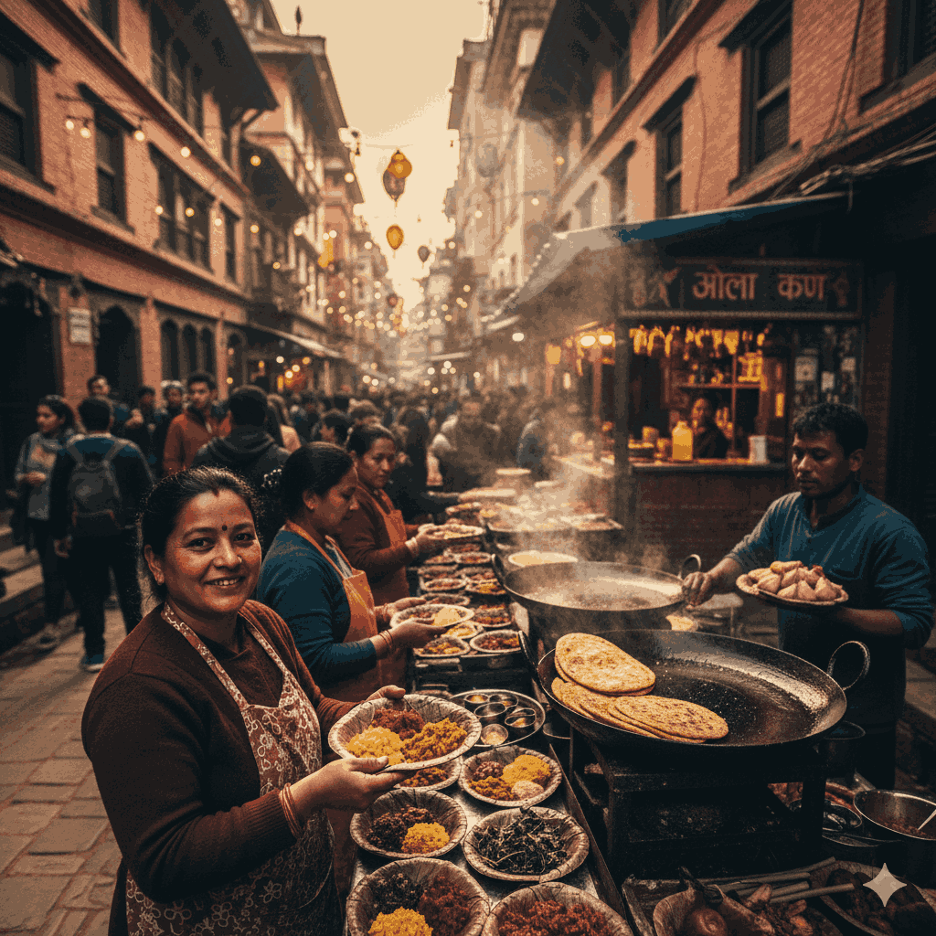 Vibrant scene of a traditional Newari food tour in Kathmandu, showcasing local dishes and bustling markets