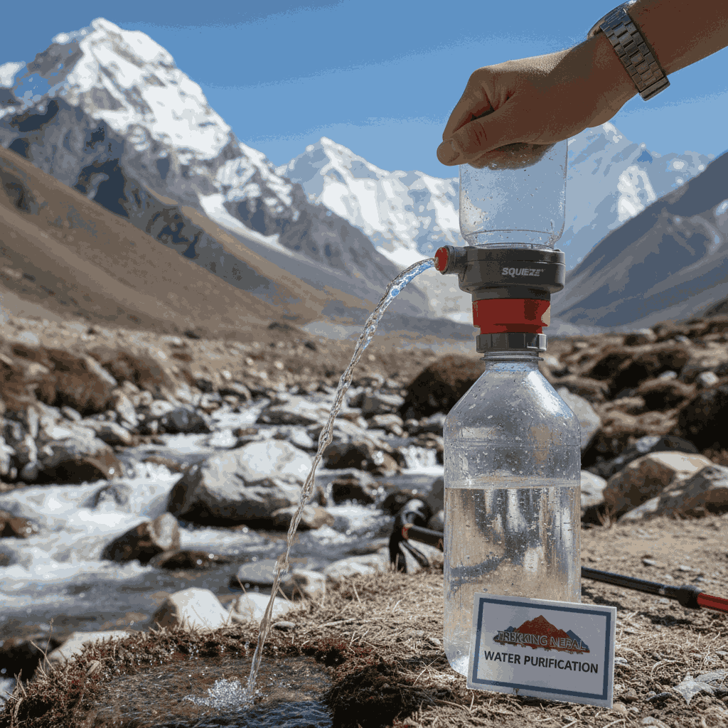 Using a portable water filter as part of water purification for trekking Nepal in the Himalayas