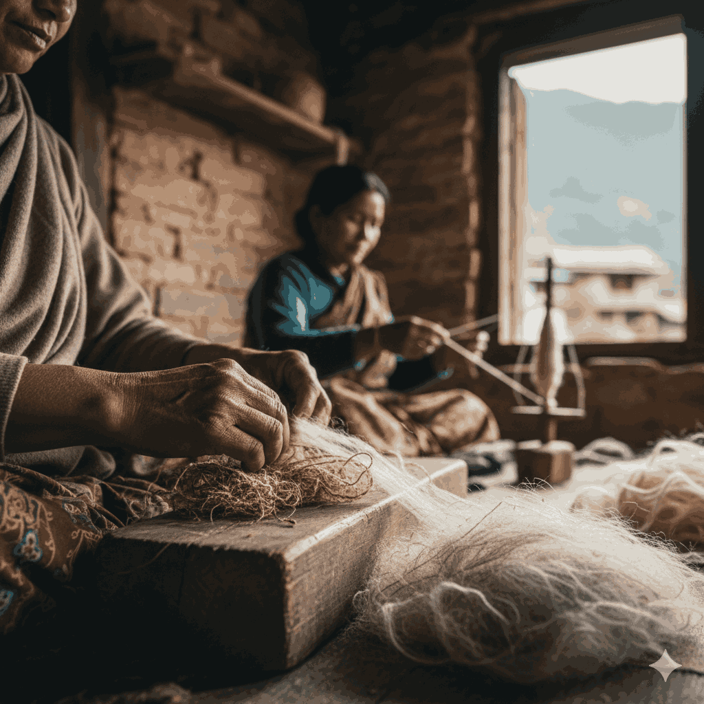 Traditional weaving in Nepal using natural fibers like allo nettle and Himalayan pashmina