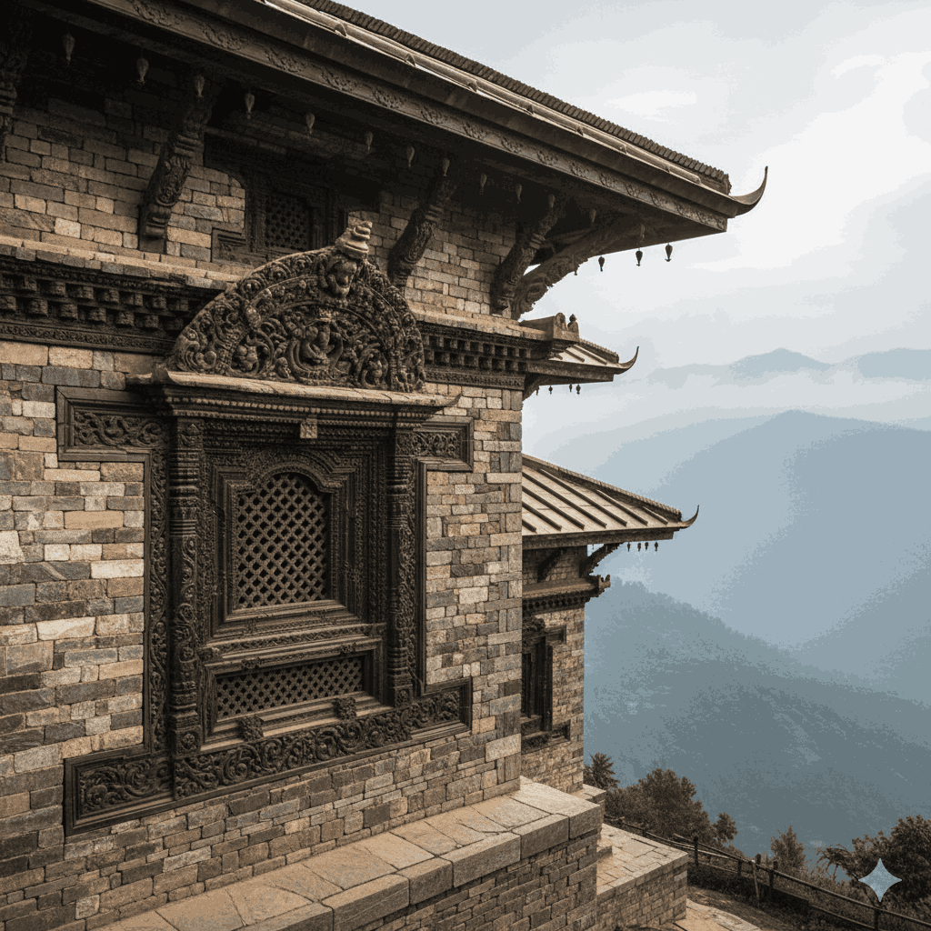 A detailed shot of the intricate wooden carvings and traditional architecture of Gorkha Palace Nepal
