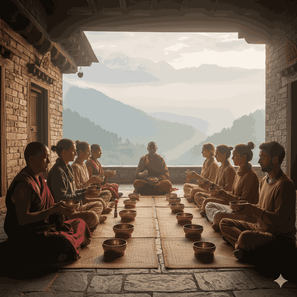Meditation and sound healing experiences at wellness and music festivals in Nepal in Himalayan monasteries