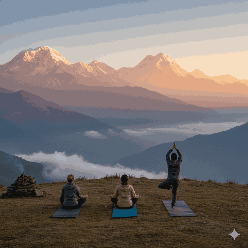 Annapurna sunrise yoga spots at Poon Hill with panoramic Himalayan views during morning meditation