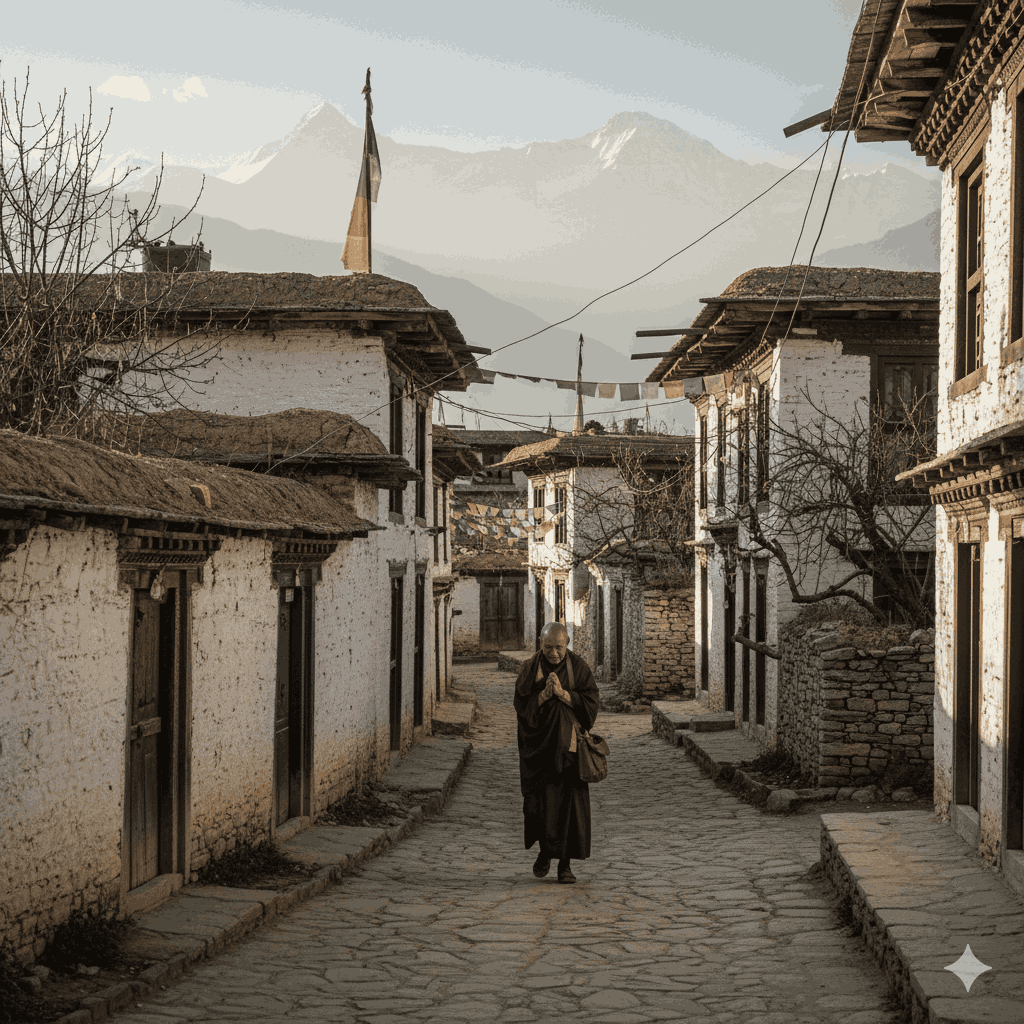 High altitude cinematic adventure photography Nepal showcasing Marpha village minimal Himalayan landscape