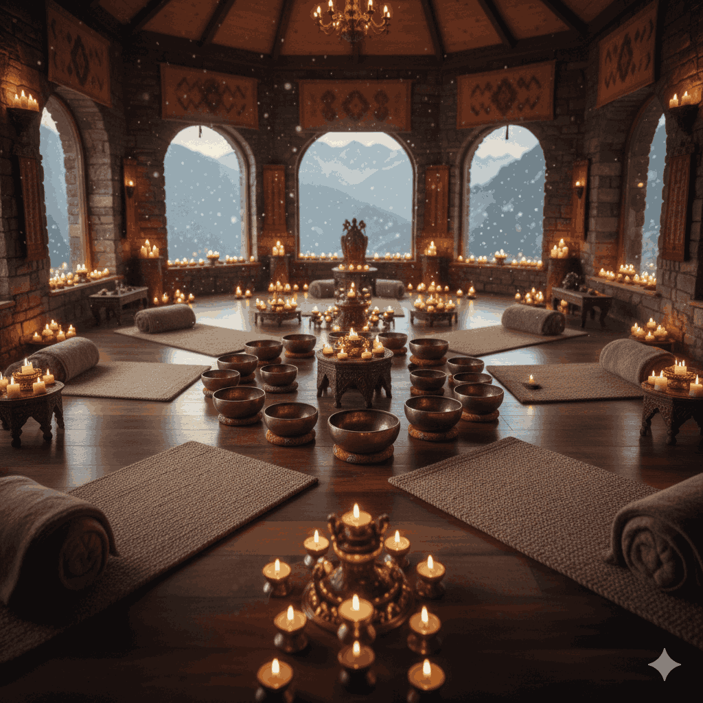 Luxury wellness lodges Nepal featuring sound healing and ayurvedic therapy in tranquil mountain setting