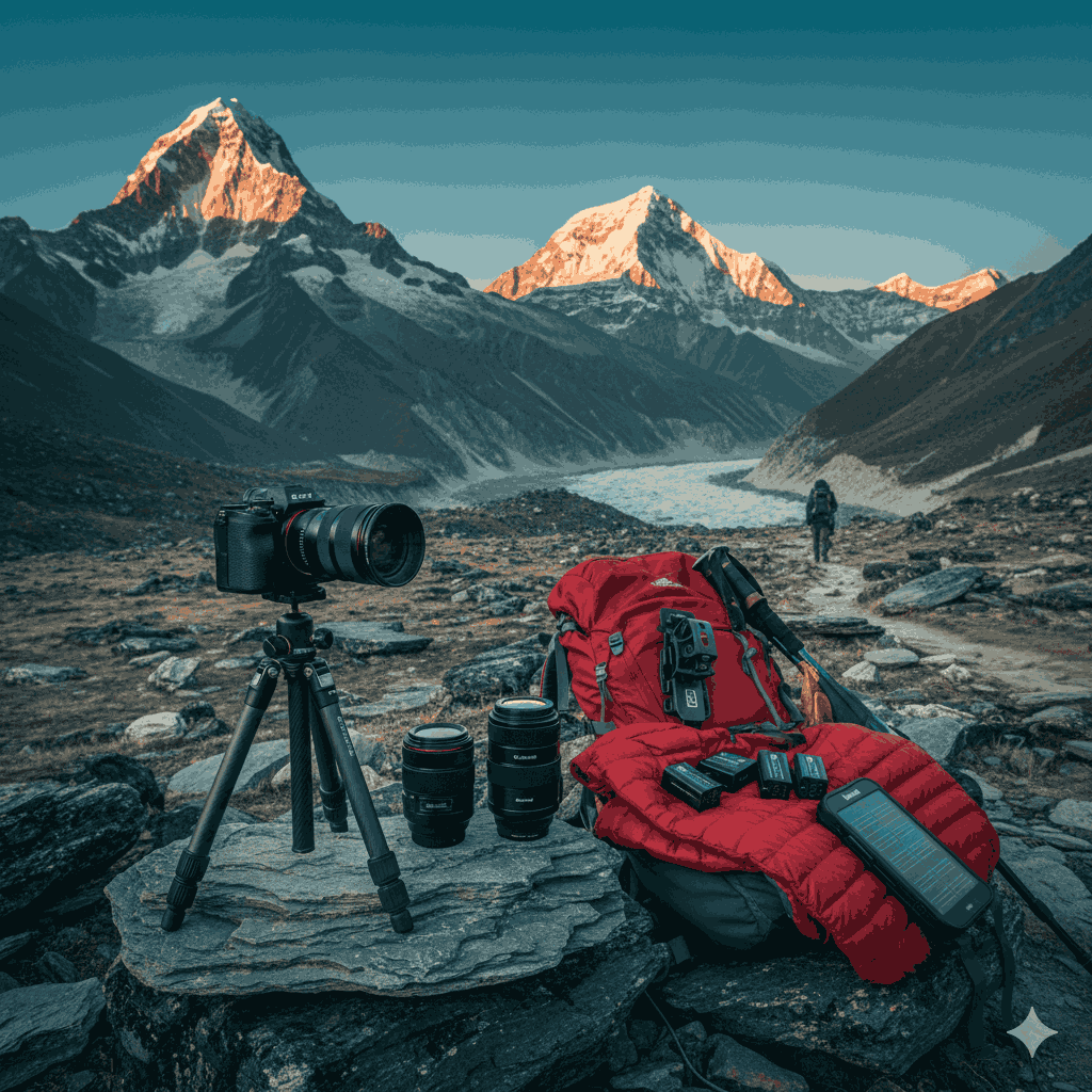 Cinematic adventure photography Nepal gear setup using mirrorless camera in high altitude Himalayan terrain