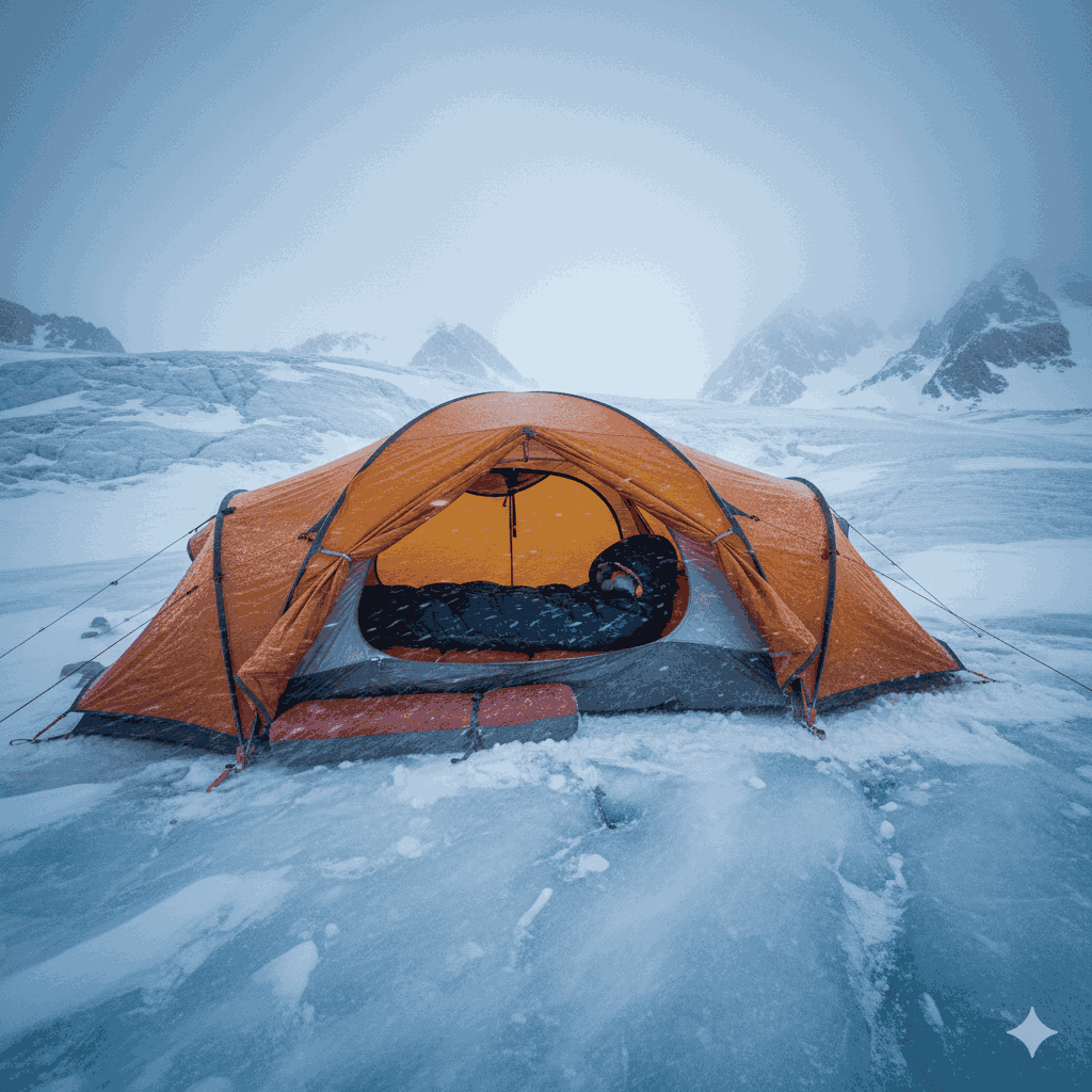 4-season expedition tent pitched on icy ground, thick sleeping pads layered inside tent, negative-degree sleeping bag visible, snow and wind conditions, professional mountaineering setup, realistic documentary photography, cold alpine atmosphere