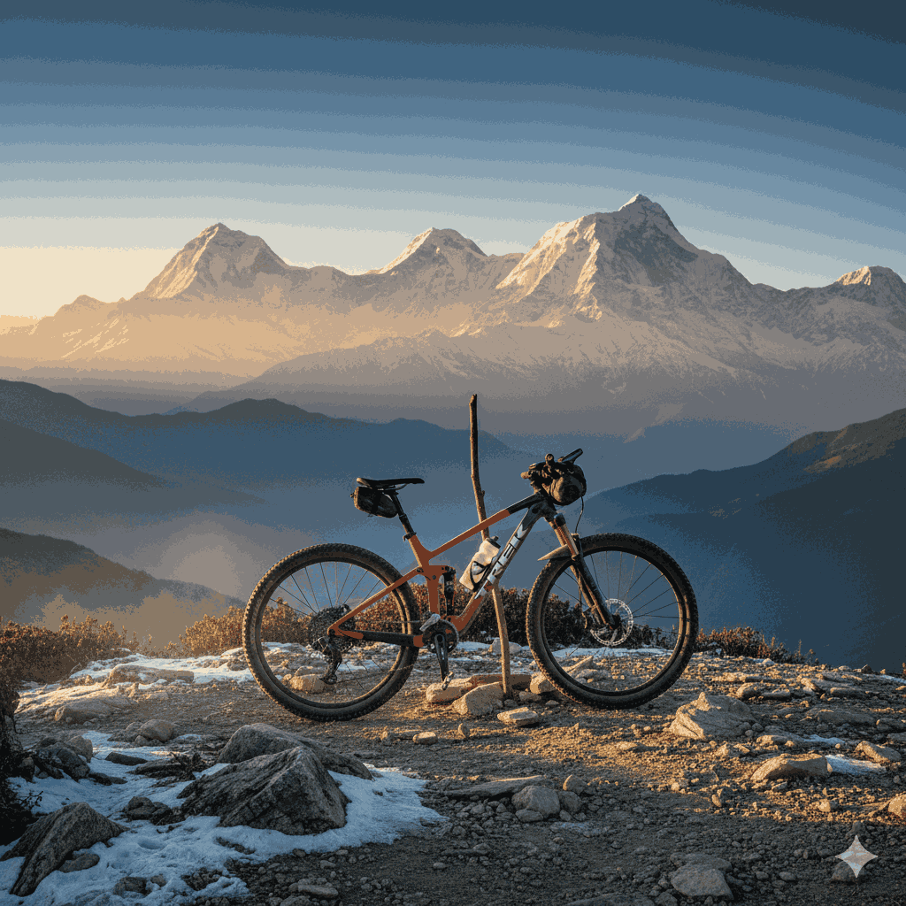 High resolution photograph of multiple Trek mountain bike models including Marlin and X Caliber displayed outdoors in Nepal, gravel trail and pine forest setting, clean frames and visible components, realistic lighting, professional product photography blended with Himalayan landscape, adventure cycling aesthetic