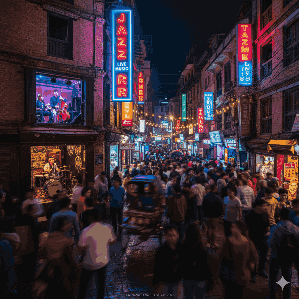 Cinematic adventure photography Nepal featuring Kathmandu nightlife with jazz festivals and live music