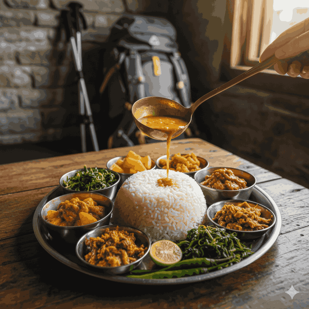 Vegetarian trekking packages Nepal featuring dal bhat lentils rice vegetables for high altitude energy