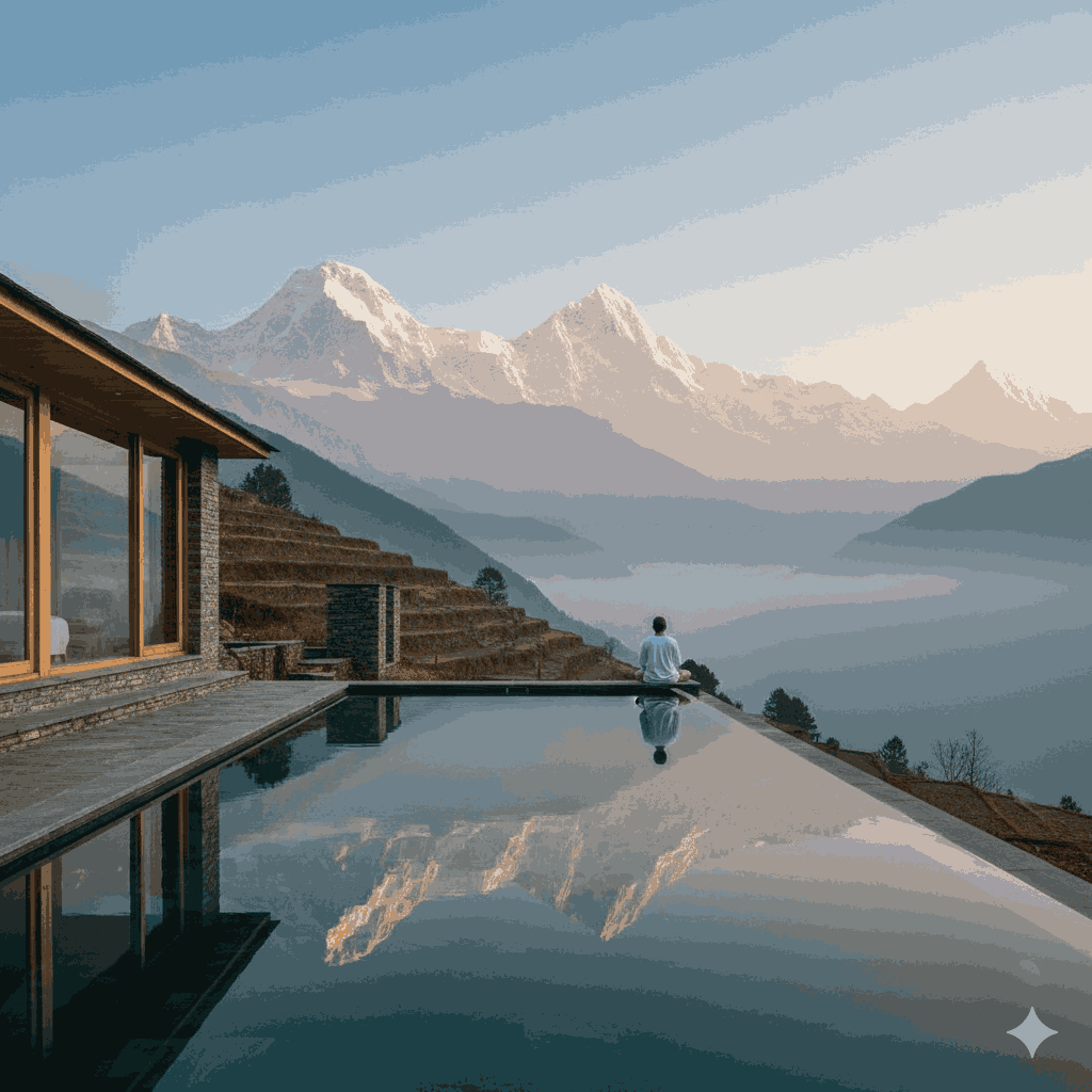 Luxury wellness lodges Nepal surrounded by Himalayan mountains offering serene healing retreat experience