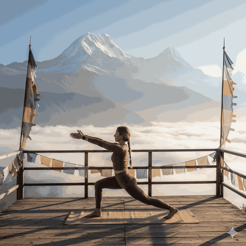 yoga retreat trek in Nepal sunrise yoga in the Himalayas
