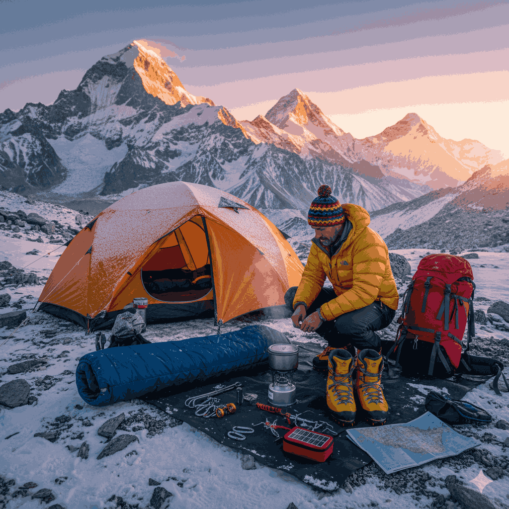 high altitude camping gear list essentials organized at Himalayan base camp