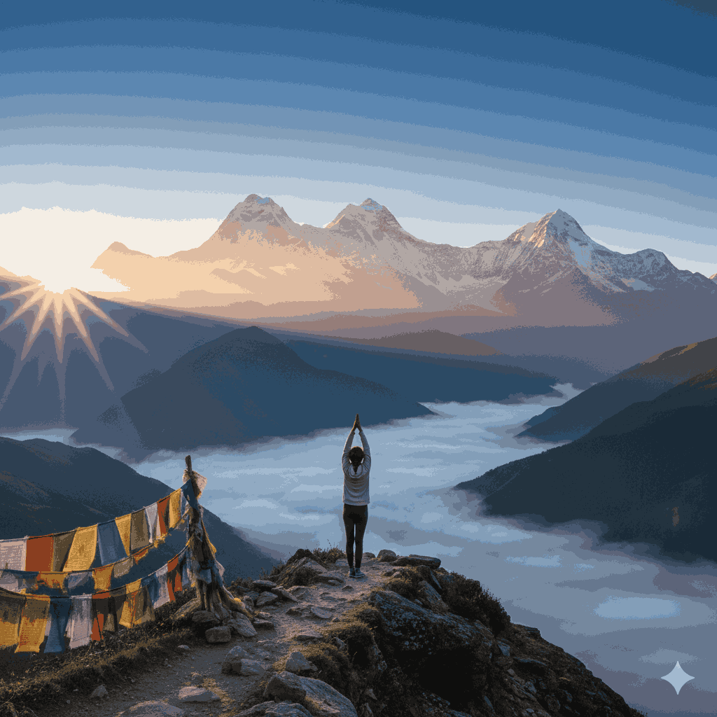 Annapurna sunrise yoga spots with a yogi practicing sunrise meditation surrounded by Himalayan peaks
