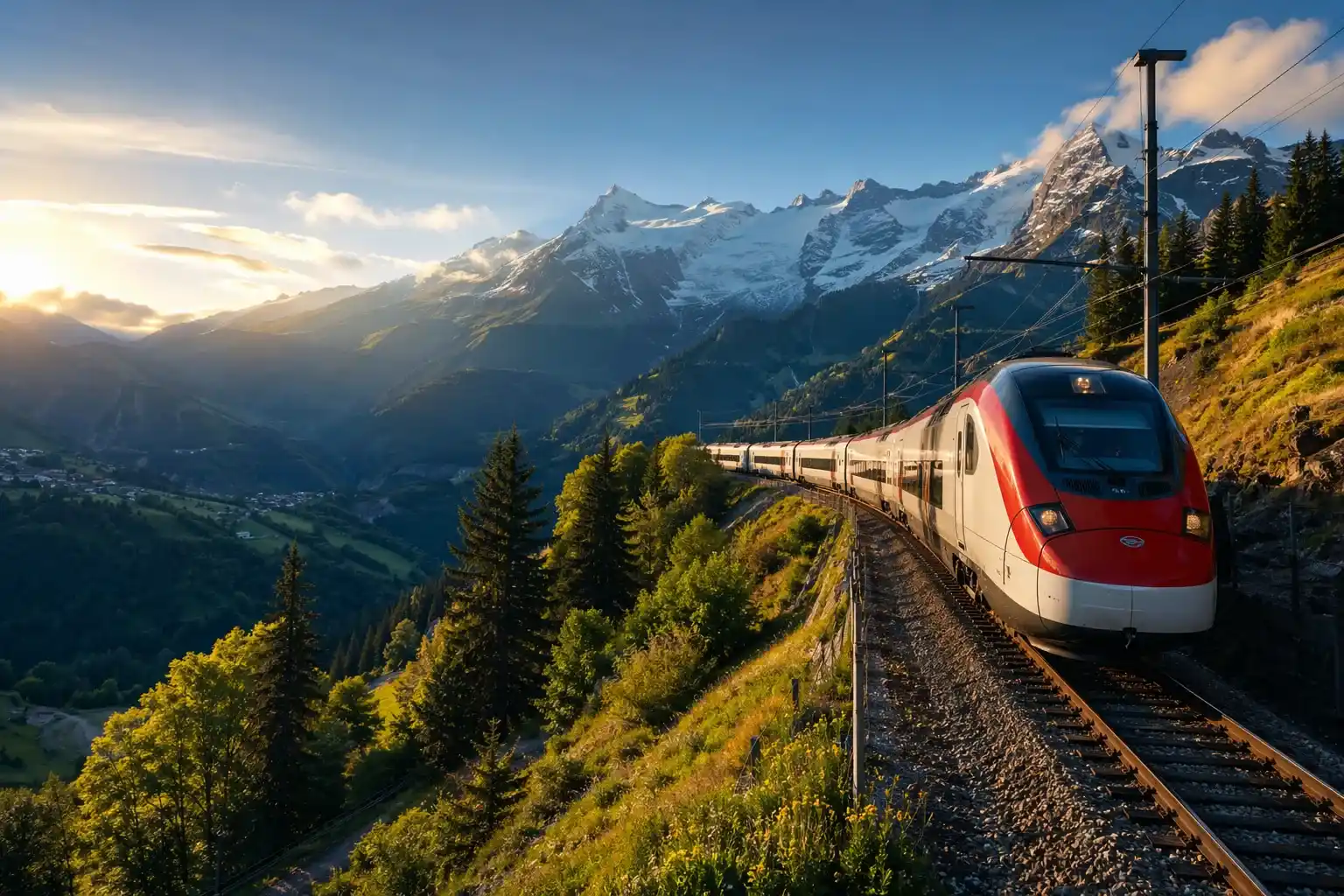 Eurail Pass train traveling through Swiss Alps scenic route