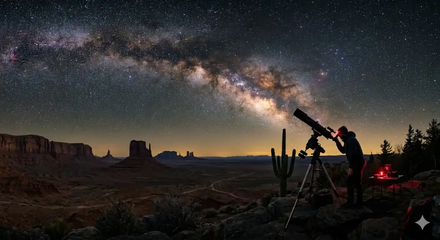 Dark Sky Tourism destination with clear night sky and Milky Way over a remote landscape