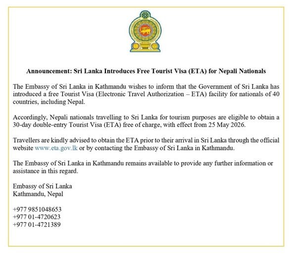 Nepalese Citizens Can Now Get Free Sri Lanka Tourist Visa