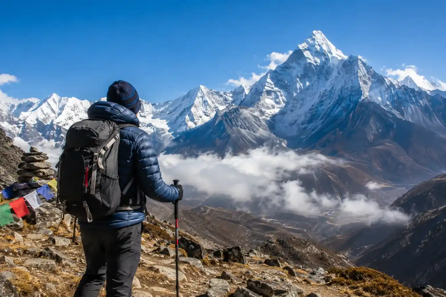 Trekker in a down jacket at high altitude in the Nepal Himalaya